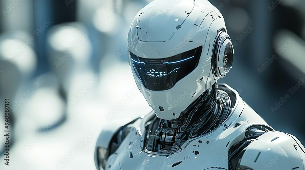 Fototapeta premium Futuristic robot with bright helmet and glowing eyes for dynamic visuals