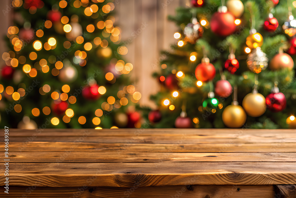 Empty table in front blurred Christmas tree background with decoration