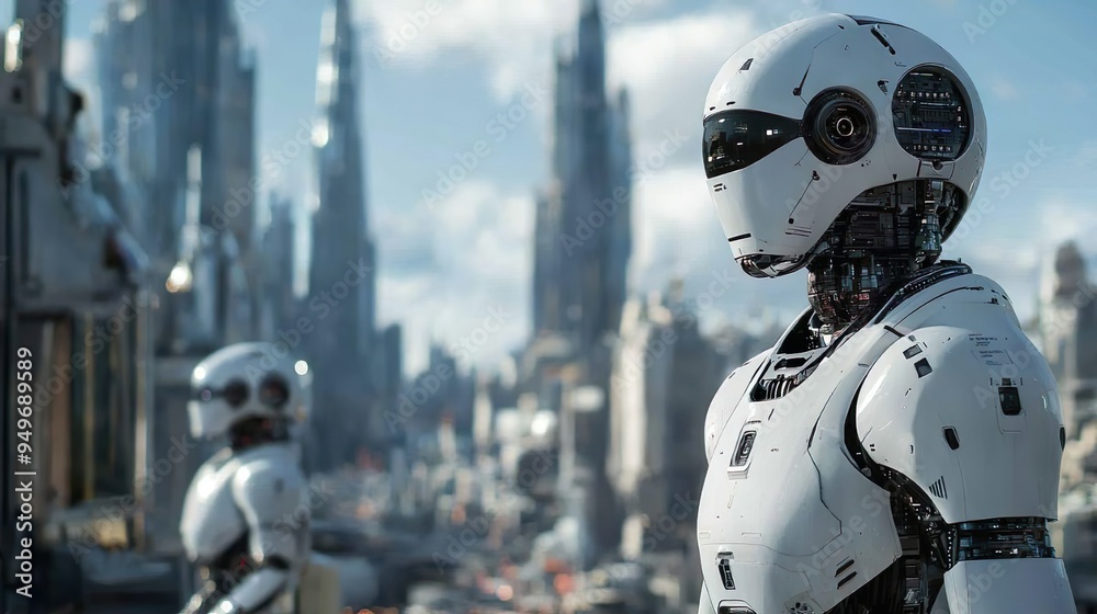 Futuristic robot with glowing eyes and radiant helmet for innovative digital imagery Futuristic robot with glowing eyes and radiant helmet for innovative digital imagery