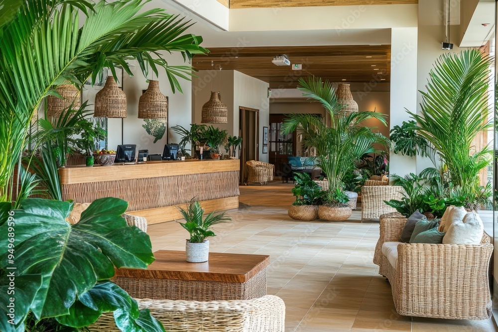 Fototapeta premium A welcoming lobby with tropical plants and wicker furniture, creating a relaxed atmosphere.