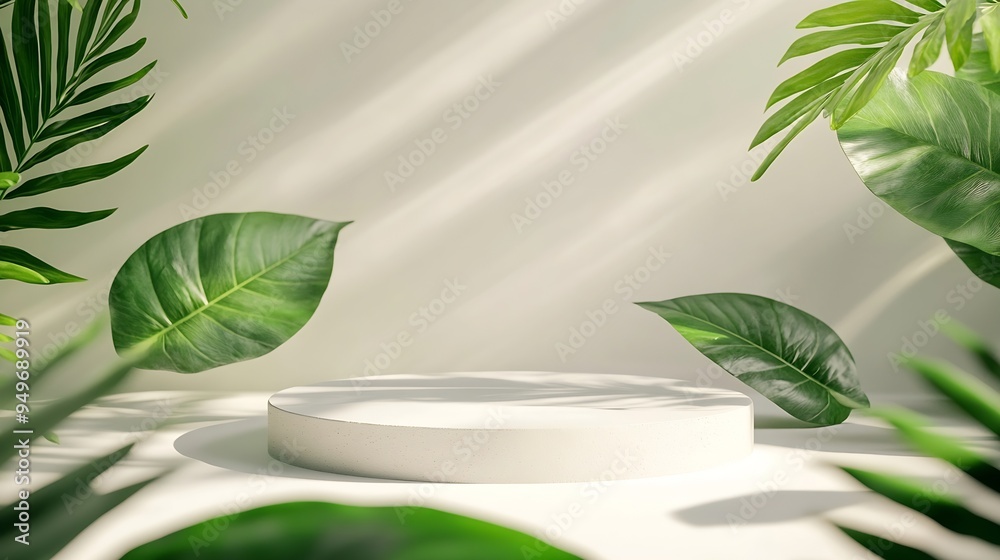 Creative concept of minimalism with leaf and plaster podium Blank space on white podiums for presentation product and green leaves on a white background Summer theme Scene for advertis : Generative AI Creative concept of minimalism with leaf and plaster podium Blank space on white podiums for presentation product and green leaves on a white background Summer theme Scene for advertis : Generative AI