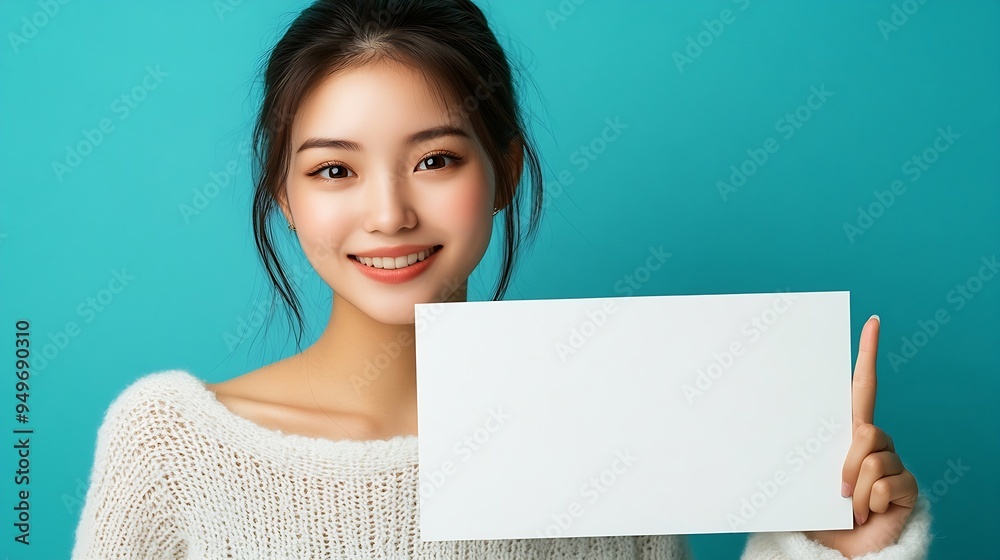 Asian woman showing and pointing to blank white billboard isolated on blue background : Generative AI Asian woman showing and pointing to blank white billboard isolated on blue background : Generative AI