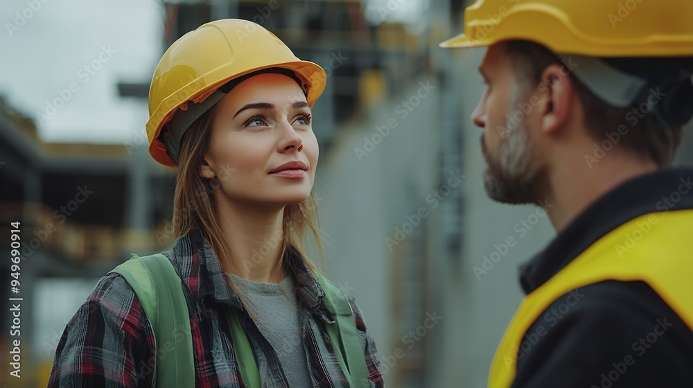 Caucasian engineer in hardhats discussing on construction site Engineer and female foreman worker team checking project at precast concrete factory site : Generative AI Caucasian engineer in hardhats discussing on construction site Engineer and female foreman worker team checking project at precast concrete factory site : Generative AI