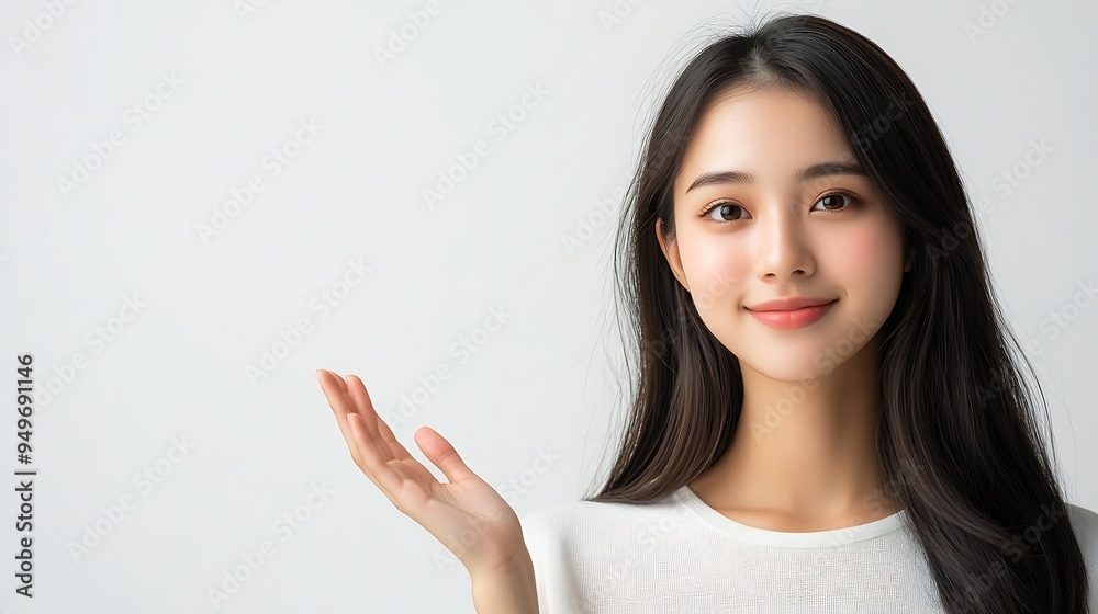 Happy young Asian woman presenting or showing open hand palm with copy space for product isolated on white background : Generative AI Happy young Asian woman presenting or showing open hand palm with copy space for product isolated on white background : Generative AI