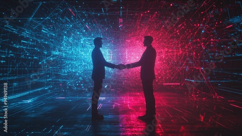 High resolution congratulatory handshake images. The overall scene is a futuristic, colorful wireframe digital art. With a dark cyberpunk beauty style. Use only neon blue and black.