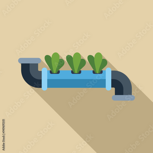 Hydroponic system growing plants using mineral nutrient solutions in water without soil, flat style icon with long shadow