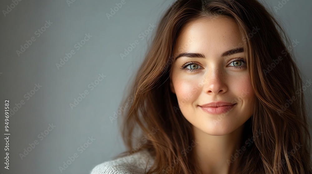 Portrait of beautiful smiling 30 years woman isolated on grey background closeup Copy space Banner Pretty face Looking at camera White skin big eyes and long brown hair European appear : Generative AI Portrait of beautiful smiling 30 years woman isolated on grey background closeup Copy space Banner Pretty face Looking at camera White skin big eyes and long brown hair European appear : Generative AI