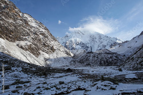 Cloud rolling over mountain on Salkantay trek in Peru