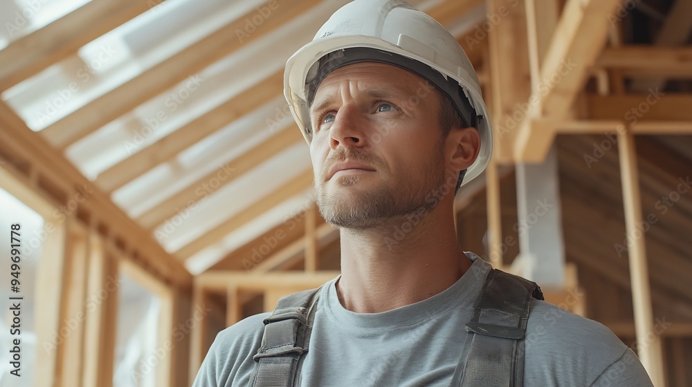 Man builder Engineer works at construction site Builder in gray uniform Foreman inside unfinished house Contractor uses equipment for construction Frame of wooden house above man build : Generative AI Man builder Engineer works at construction site Builder in gray uniform Foreman inside unfinished house Contractor uses equipment for construction Frame of wooden house above man build : Generative AI