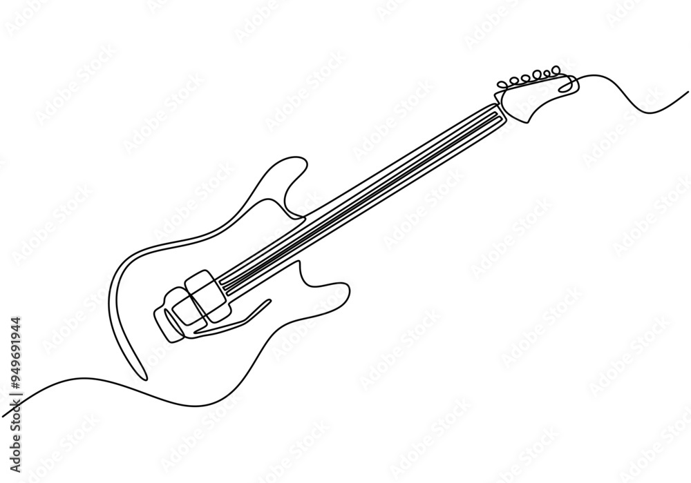 Obraz premium Minimalist continuous line drawing of an electric guitar symbolizing music on white background