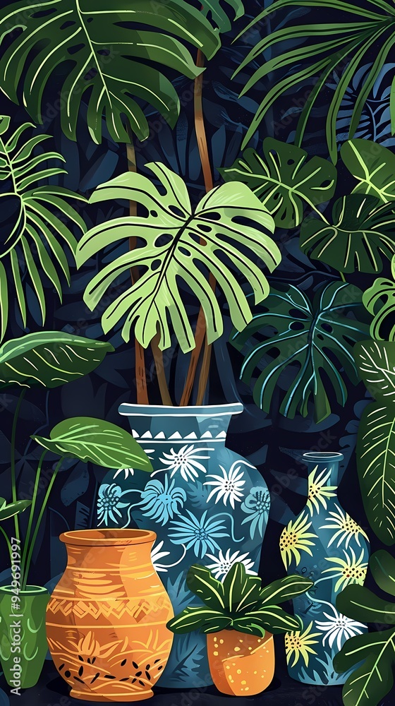 Blue and green vase and plant pattern illustration poster background Blue and green vase and plant pattern illustration poster background