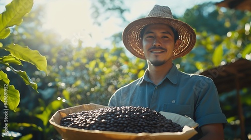 Asian man farmer drying raw coffee beans in the sun at coffee plantation in Chiang Mai Thailand Farm worker harvesting and process organic arabica coffee bean in greenhouse on the moun : Generative AI photo