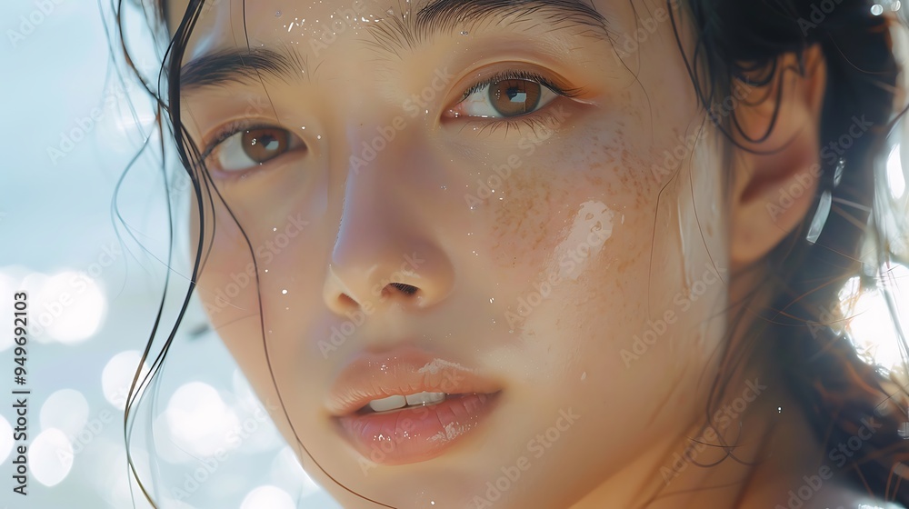 A close-up of an Asian model preparing for makeup application with primer, her skin glowing under soft lighting, clean background, emphasizing the smooth and flawless finish, hd quality, beauty shot. A close-up of an Asian model preparing for makeup application with primer, her skin glowing under soft lighting, clean background, emphasizing the smooth and flawless finish, hd quality, beauty shot.