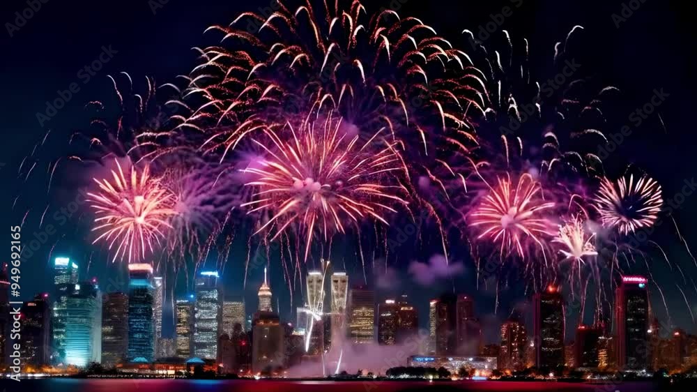 A spectacular video of a fireworks display lighting up the night sky over a city skyline, with vibrant colors reflecting off the buildings.
A spectacular video of a fireworks display lighting up the night sky over a city skyline, with vibrant colors reflecting off the buildings.