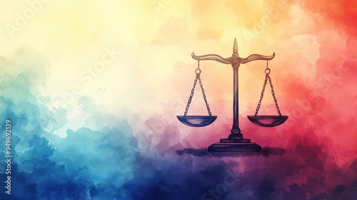 A symbolic representation of justice, featuring balanced scale against colorful, abstract background. image evokes sense of fairness and equality.