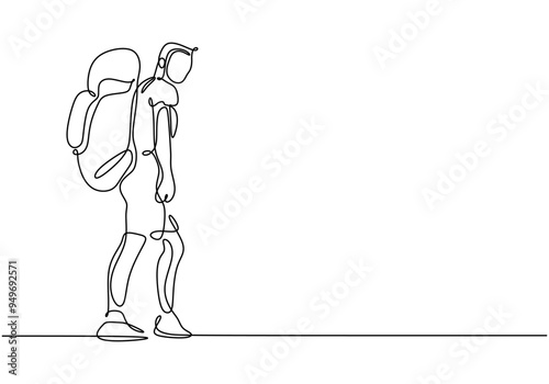 Minimalist Line Art of Solo Hiker Climbing Mountain with Stick and Backpack