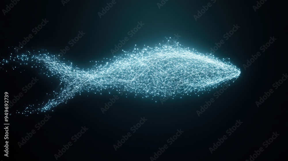 Fototapeta premium Abstract Digital Fish Illustration with Glowing Network of Light Points on Dark Background, Symbolizing Technology, Innovation, and Connectivity in a Futuristic Design