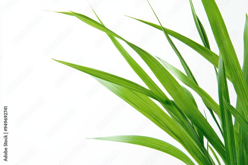 Fototapeta premium Close-up of green grass leaves against a white background, emphasizing natural beauty.
