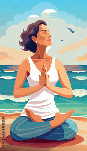 Woman practicing yoga meditation at the beach in lotus position