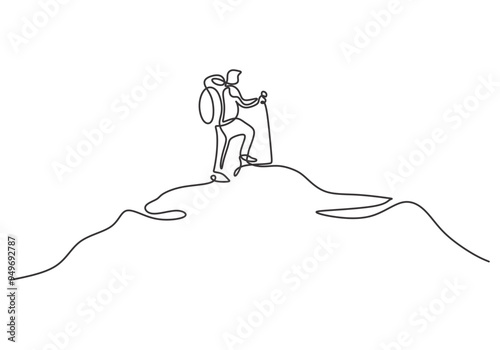 Minimalist Continuous Line Art of Solo Hiker Climbing Mountain Peak with Backpack