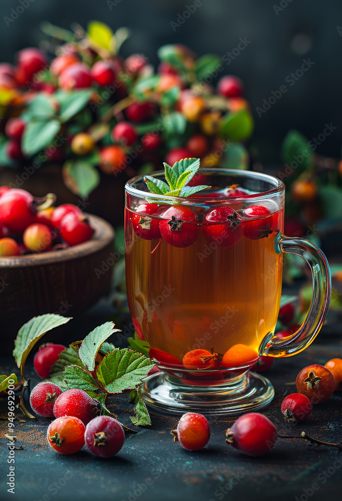 Herbal tea with hawthorn berries in glass and bowl. A glass mug filled with herbal tea and fresh hawthorn berries sits on a table Herbal tea with hawthorn berries in glass and bowl. A glass mug filled with herbal tea and fresh hawthorn berries sits on a table