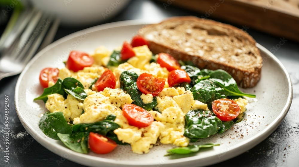 A healthy breakfast plate with scrambled eggs, fresh spinach, cherry tomatoes, and a slice of whole grain toast. A healthy breakfast plate with scrambled eggs, fresh spinach, cherry tomatoes, and a slice of whole grain toast.