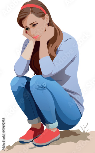 Young woman feeling sad and discouraged sitting alone on floor