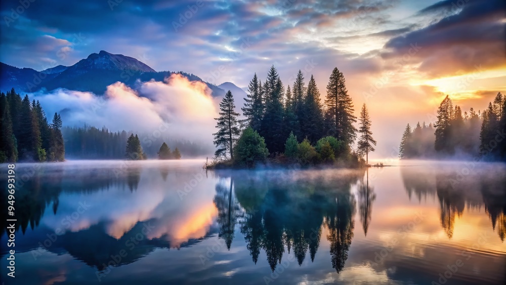 dreamy foggy lake at dusk reflected like a mirror with majestic trees and misty mountains emerging from eerie silence dreamy foggy lake at dusk reflected like a mirror with majestic trees and misty mountains emerging from eerie silence