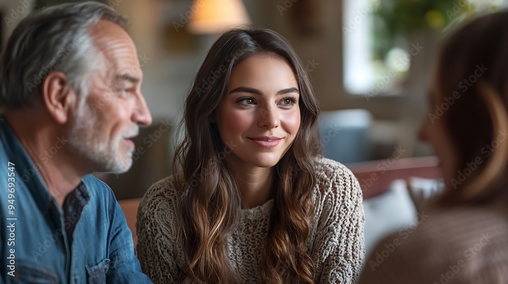 Daughter talking to gay parents sitting at home : Generative AI
