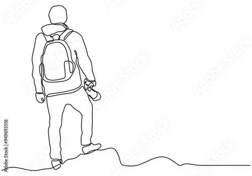Minimalist Continuous Line Art of a Traveler with Bag in a Travel Theme