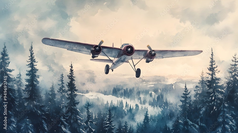 Classic airplane soaring above a snowy pine forest, capturing the serene winter landscape, detailed watercolor painting, soft sky hues, and crisp tree shadows Classic airplane soaring above a snowy pine forest, capturing the serene winter landscape, detailed watercolor painting, soft sky hues, and crisp tree shadows