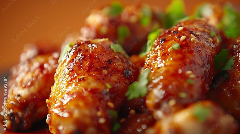 Partial close up of tasty and appetizing baked chicken wings and legs on plate Unhealthy eating and fast food Fried cooked highcalorie snack for leisure Red background Studio shoot Cop : Generative AI