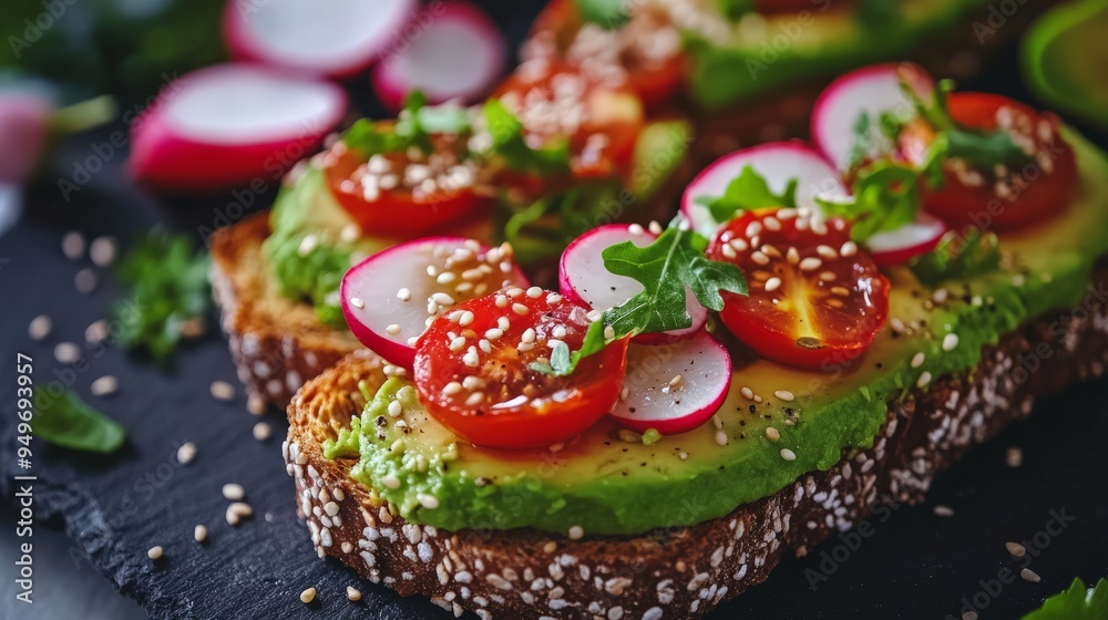 Close-up of healthy avocado toast with cherry tomatoes, radishes, arugula, and sesame seeds, served on whole grain bread. Close-up of healthy avocado toast with cherry tomatoes, radishes, arugula, and sesame seeds, served on whole grain bread.
