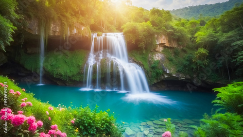 beautiful waterfall in the middle of a forest, surrounded by colorful flowers.