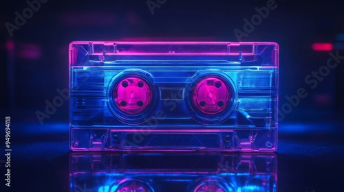 Neon cassette. Nostalgia of the 90s. Audio cassette for listening to music.