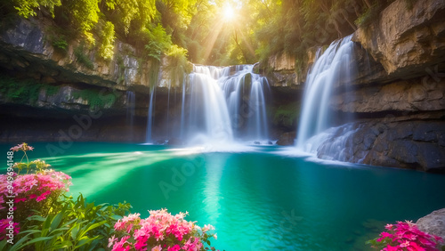 beautiful waterfall in the middle of a forest, surrounded by colorful flowers.