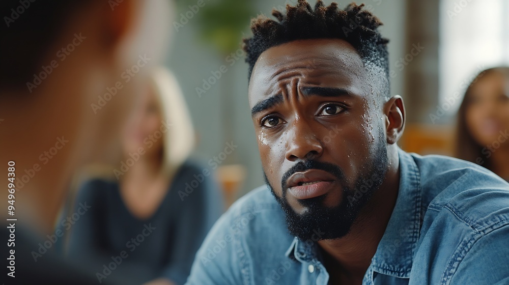 Closeup of black man crying in support group circle and sharing story with therapist supporting : Generative AI Closeup of black man crying in support group circle and sharing story with therapist supporting : Generative AI