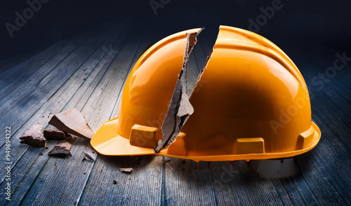 A broken protective hard hat split into two pieces lying on the industrial floor