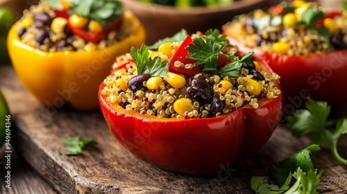 Colorful stuffed bell peppers with quinoa, black beans, corn, and fresh herbs on a rustic wooden background, perfect for a healthy meal. photo