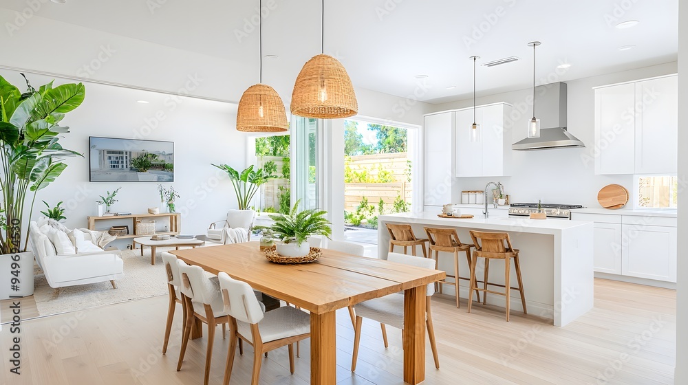 Dining room with wooden table, minimalist decor, and natural lighting Dining room with wooden table, minimalist decor, and natural lighting