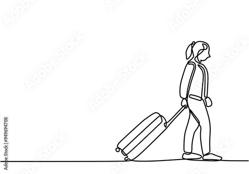 Minimalist Continuous Line Art of a Traveler with Suitcase in a Travel Theme