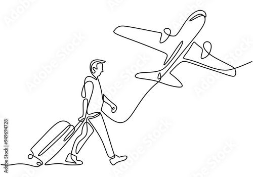 One line drawing of a traveler with suitcase and airplane in hand-drawn vector style