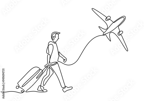 Minimalist Continuous Line Art of Traveler with Suitcase and Airplane for Travel Concepts