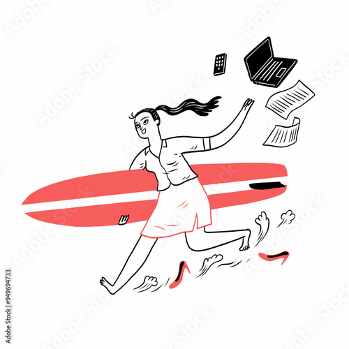 A woman joyfully runs with a surfboard, leaving office supplies behind.
