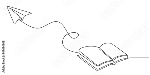 Whimsical Continuous Line Art of Open Book and Paper Plane Symbolizing Imagination