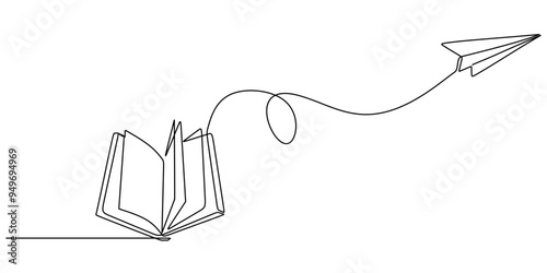 Minimalist vector art of an open book and paper plane merging literature and flight