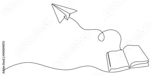 Continuous line art of an open book and paper plane symbolizing creativity and literature
