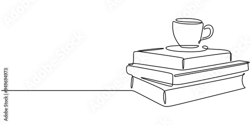 Minimalist continuous line art of books and coffee for reading and relaxation