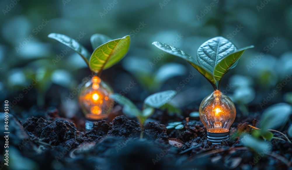 Plants growing with light bulbs in a dark garden setting at dusk. Small plants with fresh green leaves are illuminated by glowing light bulbs nestled in dark soil during twilight hours. Plants growing with light bulbs in a dark garden setting at dusk. Small plants with fresh green leaves are illuminated by glowing light bulbs nestled in dark soil during twilight hours.