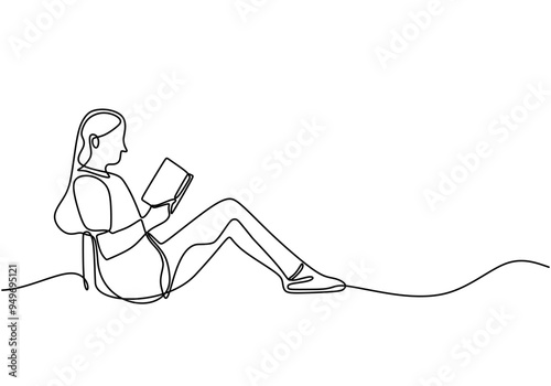 Continuous line drawing of a woman enjoying a book in a serene hand-drawn style